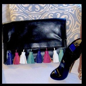 Sleek Leather Black(multi-colored tassels) medium clutch- by Rebecca Minkoff